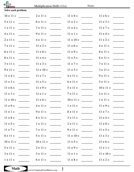 11s (horizontal) Worksheet - Multiplication Drills (11s) worksheet